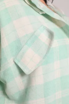 Kadın Ön Düğmeli Kapüşonlu Ekoseli Gömlek Mint