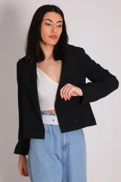 Kadın Ön Düğmeli Kısa Blazer Ceket Siyah