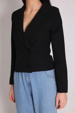 Kadın Ön Düğmeli Kısa Blazer Ceket Siyah