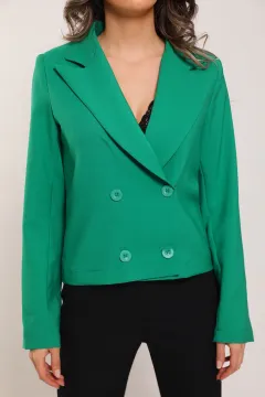 Kadın Ön Düğmeli Kısa Blazer Ceket Yeşil