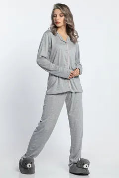Kadın Ön Düğmeli Pijama Takımı Gri