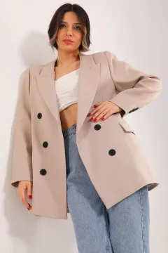 Kadın Ön Düğmeli Sahte Cepli Blazer Ceket Taş