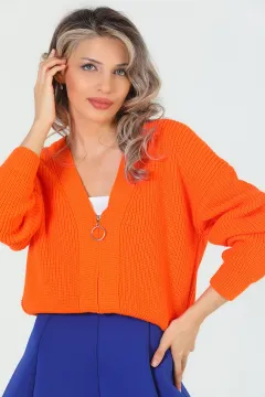 Kadın Ön Fermuarlı Crop Triko Hırka Orange