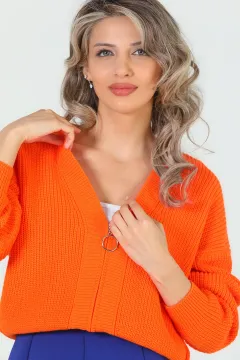Kadın Ön Fermuarlı Crop Triko Hırka Orange
