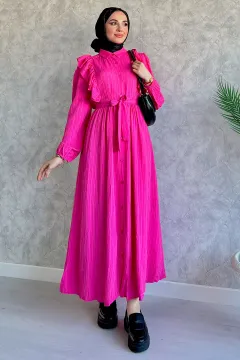 Kadın Ön Fırfırlı Bel Kuşaklı Kendinden Desenli Tesettür Elbise Pembe