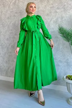 Kadın Ön Fırfırlı Bel Kuşaklı Kendinden Desenli Tesettür Elbise Yeşil