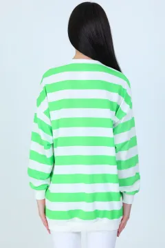 Kadın Ön Nakışlı Çizgili Sweatshirt Yeşil