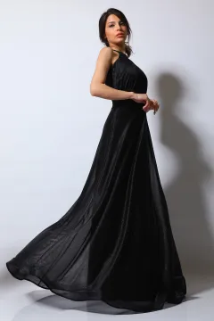 Kadın Ön Pencere Detaylı Simli Abiye Elbise Siyah