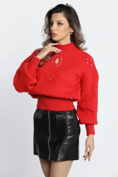 Kadın Ön Pencereli Taş Detaylı Bel Ve Kol Lastikli Triko Bluz Kırmızı