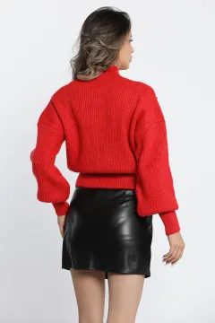 Kadın Ön Pencereli Taş Detaylı Bel Ve Kol Lastikli Triko Bluz Kırmızı
