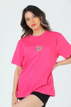 Kadın Ön Pul Nakışlı Salaş T-shirt Fuşya