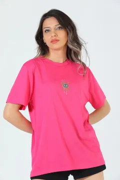 Kadın Ön Pul Nakışlı Salaş T-shirt Fuşya