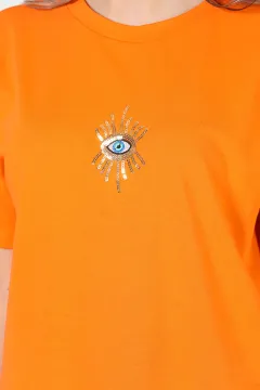 Kadın Ön Pul Nakışlı Salaş T-shirt Orange