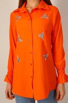 Kadın Ön Taşlı Bilek Bağlama Detaylı Salaş Gömlek Orange