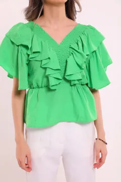 Kadın Ön Ve Arka V Yaka Fırfırlı Bluz Yeşil