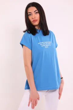 Kadın Ön Yazı Baskılı Oversize T-shirt Mavi
