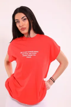 Kadın Ön Yazı Baskılı Oversize T-shirt Nar Çiçeği