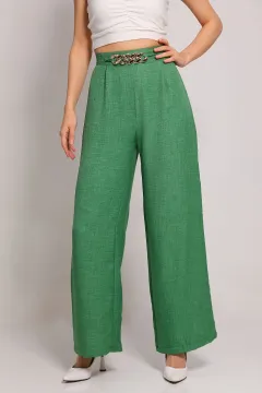 Kadın Ön Zincir Detaylı Bol Paça Pantolon Yeşil