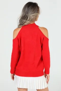 Kadın Ön Zincir Detaylı Omuz Dekolteli Triko Bluz Kırmızı
