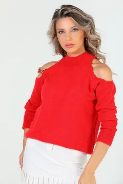 Kadın Ön Zincir Detaylı Omuz Dekolteli Triko Bluz Kırmızı