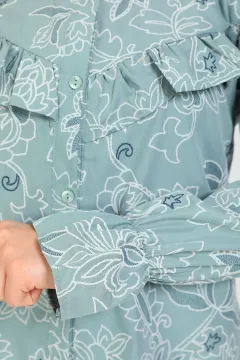 Kadın Önü Fırfırlı Kolu Lastikli Desenli Tunik Gömlek Mint