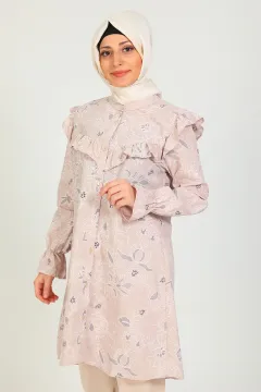 Kadın Önü Fırfırlı Kolu Lastikli Desenli Tunik Gömlek Krem