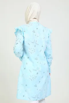 Kadın Önü Fırfırlı Kolu Lastikli Desenli Tunik Gömlek Mavi
