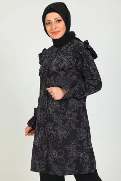 Kadın Önü Fırfırlı Kolu Lastikli Desenli Tunik Gömlek Siyah