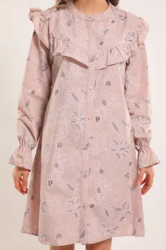 Kadın Önü Fırfırlı Kolu Lastikli Desenli Tunik Bej