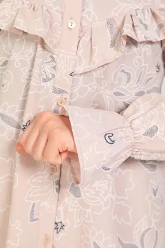 Kadın Önü Fırfırlı Kolu Lastikli Desenli Tunik Gömlek Krem