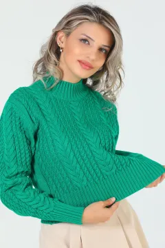 Kadın Örgü Desenli Crop Triko Bluz Koyuyeşil
