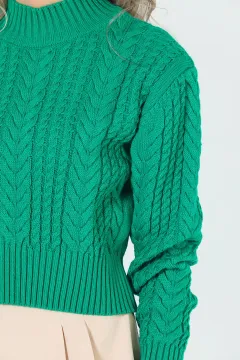 Kadın Örgü Desenli Crop Triko Bluz Koyuyeşil