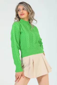Kadın Örgü Desenli Crop Triko Bluz Yeşil