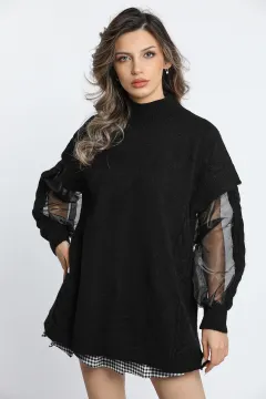 Kadın Örgü Desenli Kol Tüllü Tarz Triko Bluz Siyah