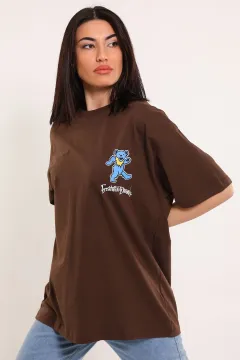 Kadın Oversize Ayıcık Baskılı T-shirt Kahve