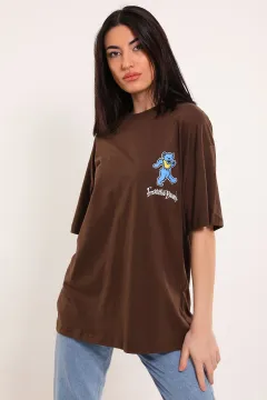 Kadın Oversize Ayıcık Baskılı T-shirt Kahve