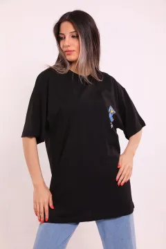 Kadın Oversize Ayıcık Baskılı T-shirt Siyah