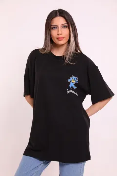 Kadın Oversize Ayıcık Baskılı T-shirt Siyah