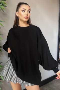 Kadın Oversize Balon Kol Triko Kazak Siyah