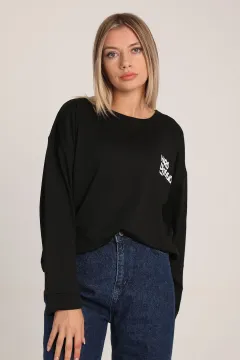 Kadın Oversize Baskılı Sweatshirt Siyah