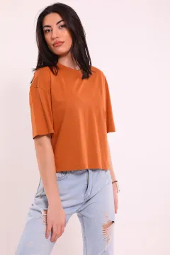Kadın Oversize Crop Basic T-shirt Camel