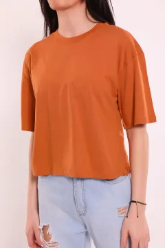 Kadın Oversize Crop Basic T-shirt Camel