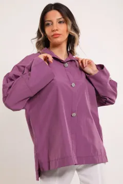 Kadın Oversize Düğme Taş Detaylı Gömlek K.lila