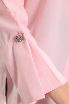 Kadın Oversize Düğme Taş Detaylı Gömlek Pudra