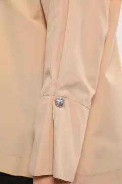 Kadın Oversize Düğme Taş Detaylı Gömlek Bej
