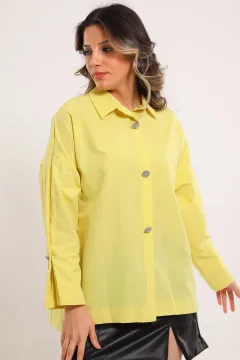 Kadın Oversize Düğme Taş Detaylı Gömlek Sarı