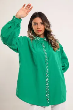 Kadın Oversize İnci Detaylı Balon Kol Gömlek Yeşil