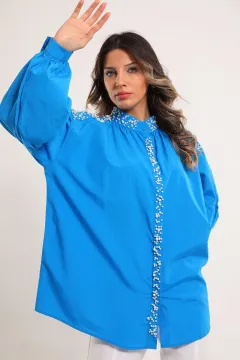 Kadın Oversize İnci Detaylı Balon Kol Gömlek Mavi
