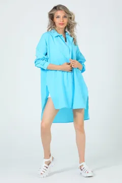 Kadın Oversize Yan Yırtmaçlı Gömlek Tunik Turkuaz