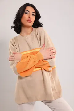 Kadın Oversize Yazılı Renk Bloklu Triko Kazak Taş